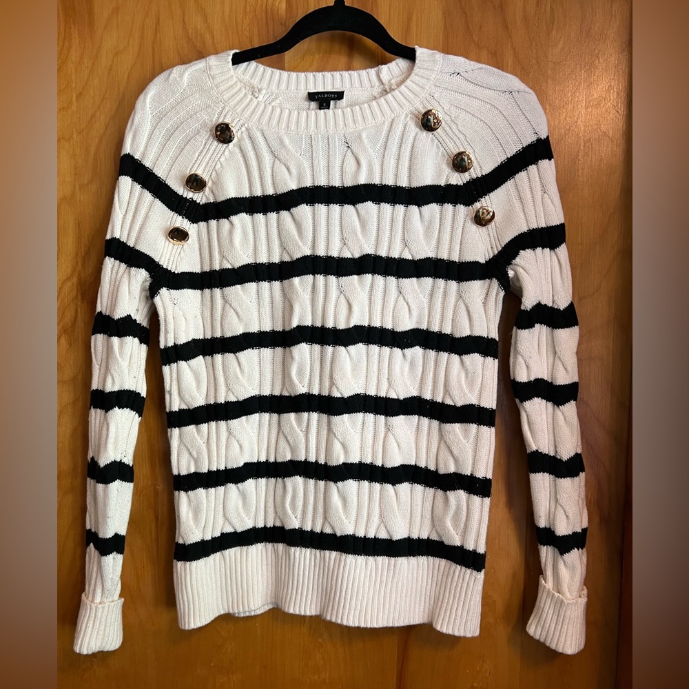 Talbots cable knit navy and cream striped sweater with gold buttons. Size S.